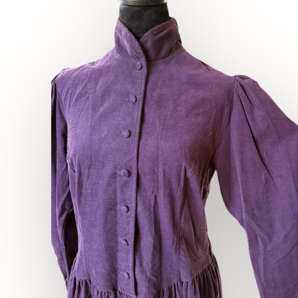 Laura Ashley Vintage 80s Deep Purple Corduroy Button Front Midi Dress Size 12 - Picture 11 of 16